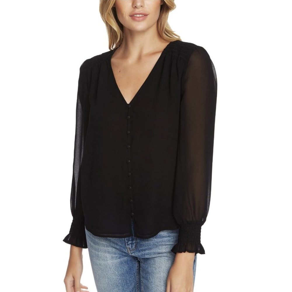 1. STATE Sheer Black Long Sleeve V-neck Top